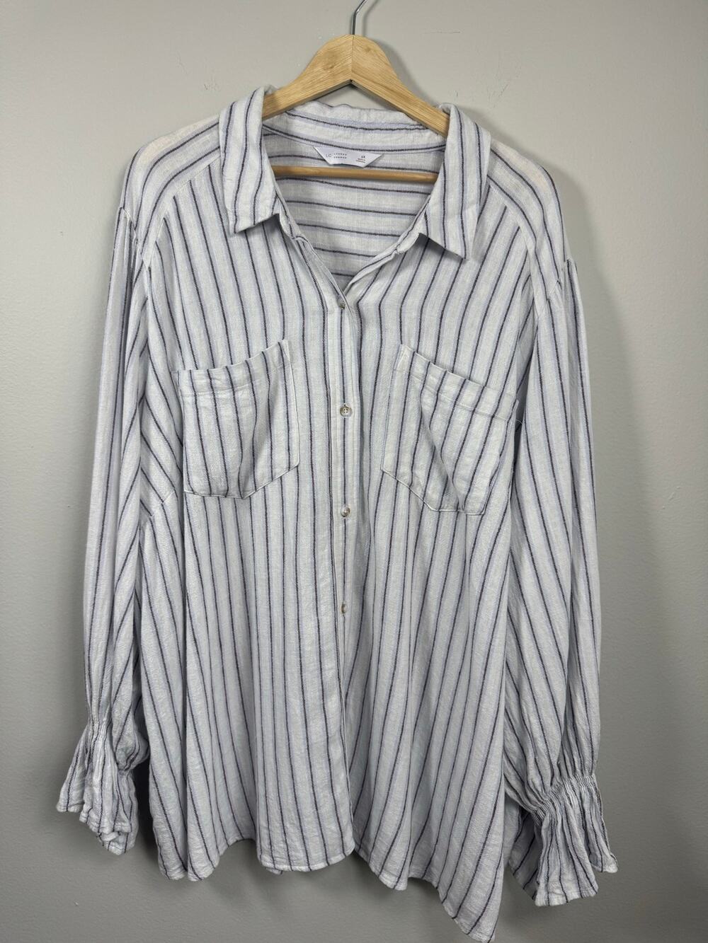 LC Lauren Conrad Womens 3X White Striped Linen Blend Button Down Shirt Oversized